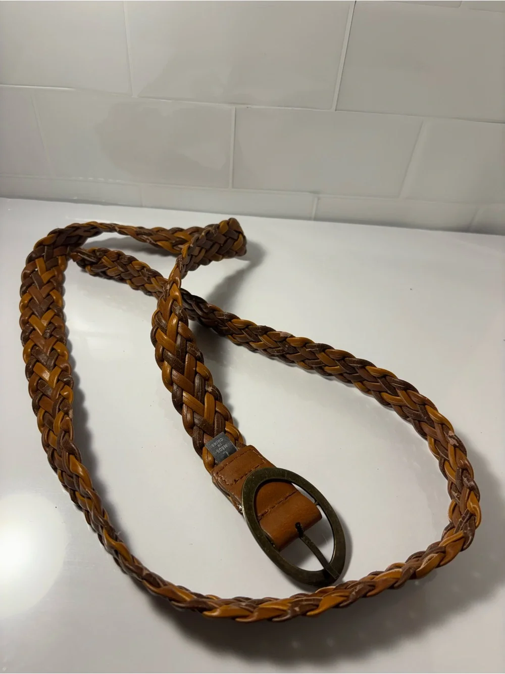 Brown Two Tone Braided Woven Belt Size L Oval Metal Buckle